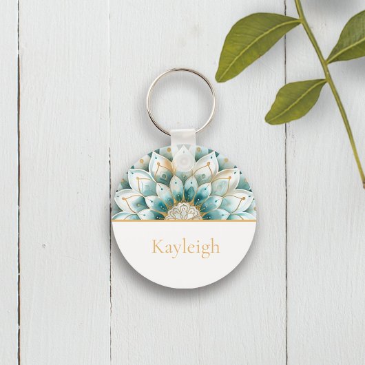 Blauwgroen Blauw Goud Bloemen Mandala Gepersonalis Sleutelhanger
