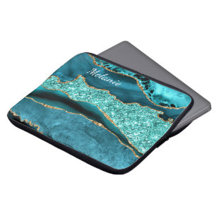Blauwgroen Blauw Goud Glitter Custom Name Laptop S Sleeve