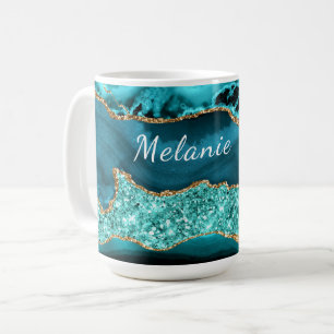 Blauwgroen Blauw Goud Glitter Marmer Custom Name M Koffiemok