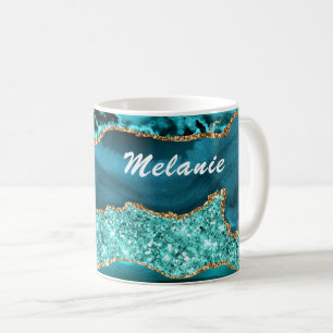 Blauwgroen Blauw Goud Glitter Marmer Jouw naam Kof Koffiemok