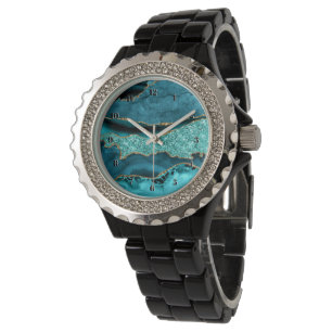 Blauwgroen Blauw Goud Glitter Marmer Turquoise Aqu Horloge