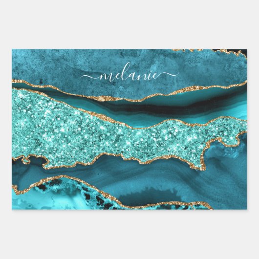 Blauwgroen Blauw Goud Glitter Turquoise Aangepaste Inpakpapier Vel (Voorkant 2)