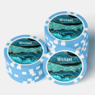 Blauwgroen Blauw Goud Marmer Custom Name Poker Chi Chips