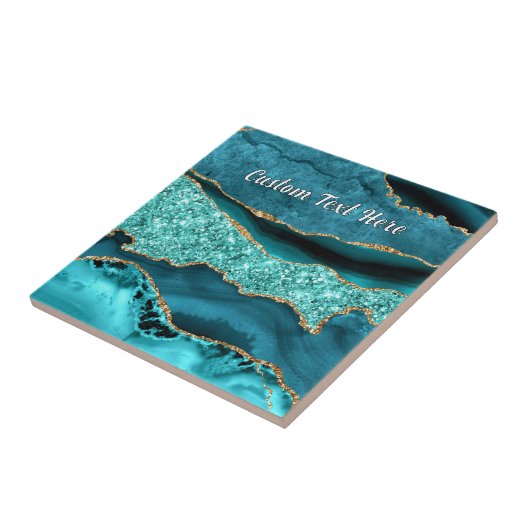 Blauwgroen Blauw Goud Marmer Custom Text Keramisch Tegeltje (Zijkant)