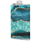 Blauwgroen Blauw Goud Marmer Turquoise Custom Naam Heupfles (Links)