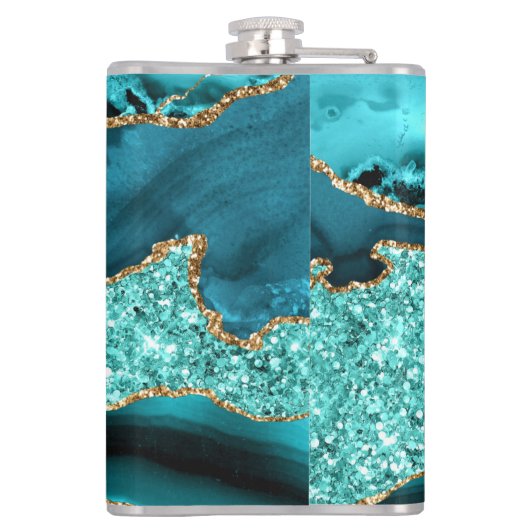 Blauwgroen Blauw Goud Marmer Turquoise Custom Naam Heupfles (Achterkant)