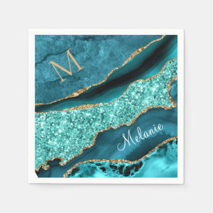Blauwgroen Blauw Goud Uw Letter Naam Turquoise Ser Servet