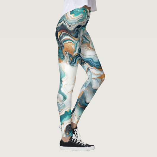 Blauwgroen Blauw Goud Wit Modern Marmer Agaat Brui Leggings (Rechts)