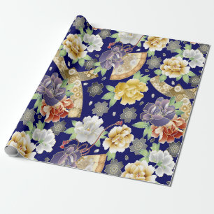 Blauwgroen blauw gouden bloemen Elegant Asian Patt Cadeaupapier