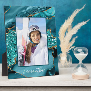 Blauwgroen Blauw Gouden Glitter Agaat Elegante Naa Fotoplaat