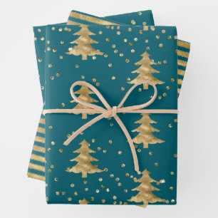 Blauwgroen Blauw Gouden Kerstboom Stripes Sparkle Inpakpapier Vel
