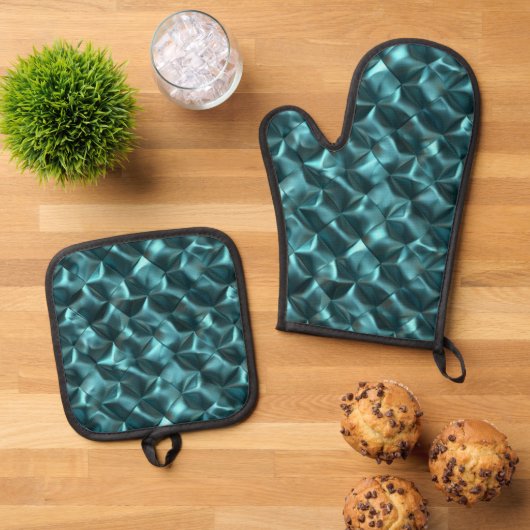 Blauwgroen Blauw Groen Abstract Glam Ovenwant & Pannenlap Set (Top down)