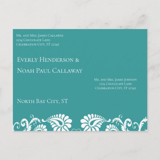 Blauwgroen Blauw Groen  Damask Aqua Verander Kleur Aankondigingskaart (Achterkant)