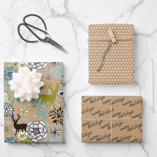 Blauwgroen blauw groen flesje en deer art pattern inpakpapier vel (Voorkant)