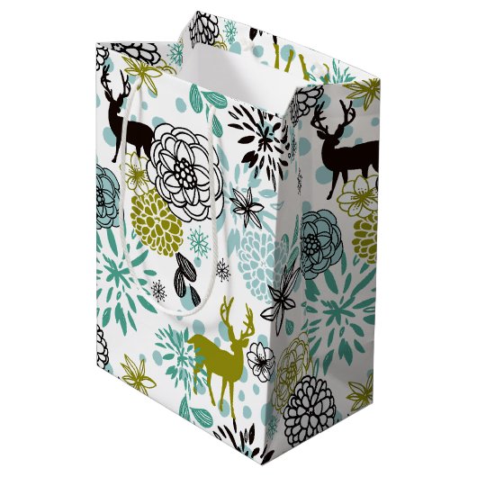 Blauwgroen blauw groen flesje en deer art pattern medium cadeauzakje (Achterkant Gekanteld)