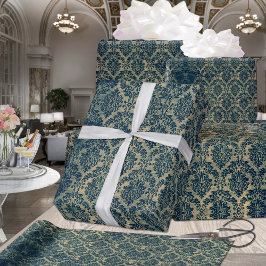 Blauwgroen Blauw Groen Gold Floral Damask Wreator Cadeaupapier