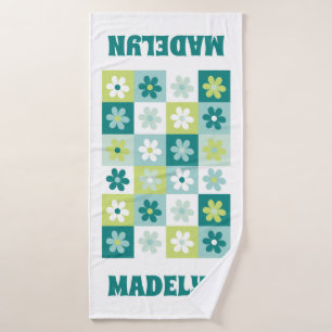 Blauwgroen Blauw & Groen Groovy Daisy Checkerboard Badhanddoek