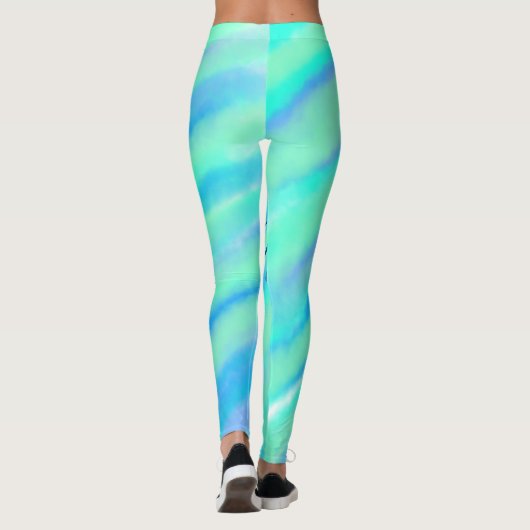 Blauwgroen blauw groenWaterverf lijnen Voeg uw mon Leggings (Achterkant)