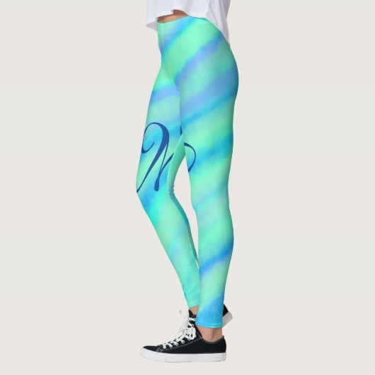 Blauwgroen blauw groenWaterverf lijnen Voeg uw mon Leggings (Links)