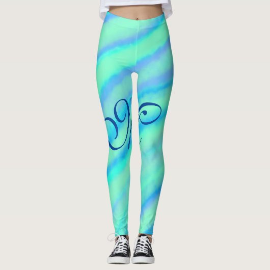 Blauwgroen blauw groenWaterverf lijnen Voeg uw mon Leggings (Voorkant)