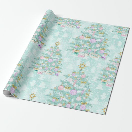 Blauwgroen blauw kerstboombladerpapier cadeaupapier (Uitgerold)