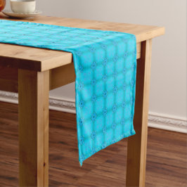 Blauwgroen, blauw, latoir patroon met turquoise lange tafelloper