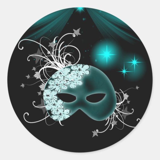 Blauwgroen Blauw Mardi Gras Masker Envelop Seal St Ronde Sticker (Voorkant)