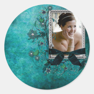 Blauwgroen blauw met bloemensjabloon ronde sticker
