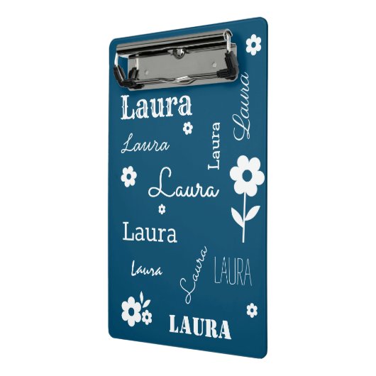 Blauwgroen blauw met witte bloemen, Gepersonalisee Mini Klembord (Angled2)