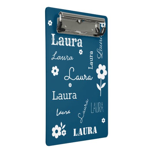Blauwgroen blauw met witte bloemen, Gepersonalisee Mini Klembord (Schuin)
