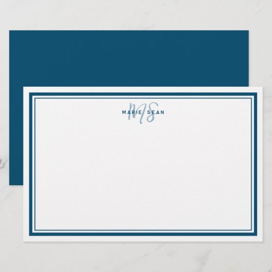 Blauwgroen Blauw Minimalistisch Eenvoudig Monogram Briefpapier (Voorkant / Achterkant)