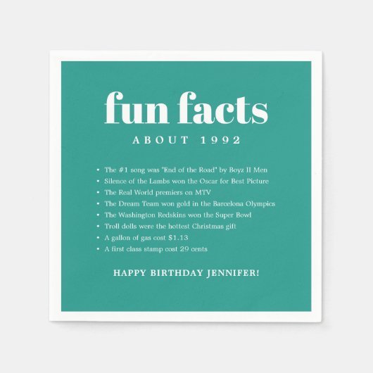 Blauwgroen Blauw Modern Minimal Fun Facts Verjaard Servet (Voorkant)