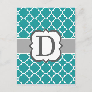 Blauwgroen blauw monogram Letter D Quatrefoil Briefkaart