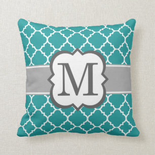 Blauwgroen Blauw Monogram Letter M Quatrefoil Kussen