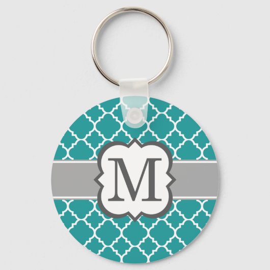 Blauwgroen Blauw Monogram Letter M Quatrefoil Sleutelhanger (Voorkant)