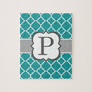 Blauwgroen Blauw Monogram Letter P Quatrefoil Legpuzzel