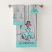 Blauwgroen Blauw Octopus Kustgrijs Hout Nautisch Bad Handdoek (Insitu)