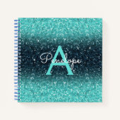 Blauwgroen Blauw Ombre Glitter en Monogram Schetsb Notitieboek (Voorkant)
