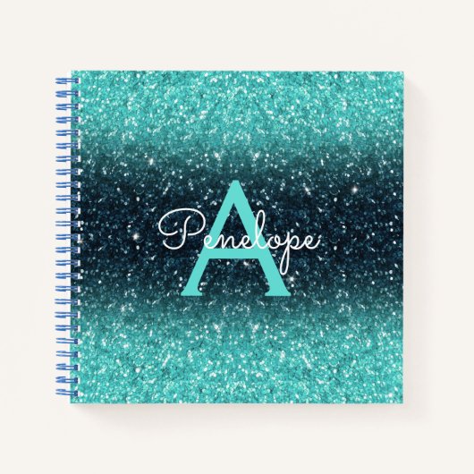 Blauwgroen Blauw Ombre Glitter en Monogram Schetsb Notitieboek (Voorkant)