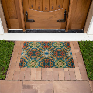 Blauwgroen blauw Oranje Mustard Brown Orient Triba Deurmat
