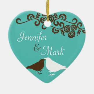 Blauwgroen blauw paar liefde vogels bruiloft paar keramisch ornament