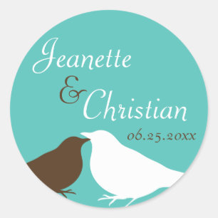 Blauwgroen blauw paar liefde vogels trouwgunst zeg ronde sticker
