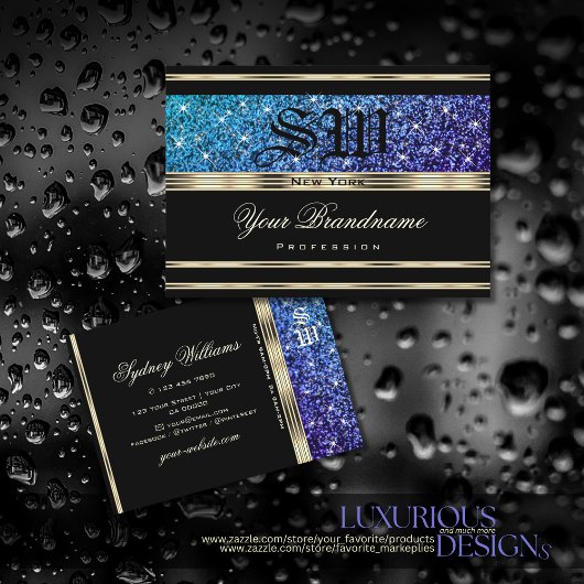 Blauwgroen blauw Paars Ombre Glitter Monogram Gold Visitekaartje