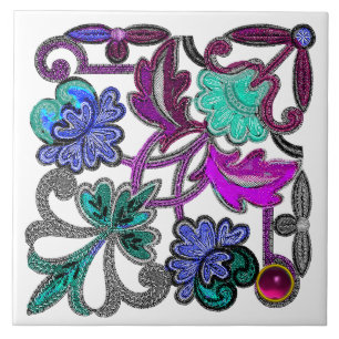 BLAUWGROEN BLAUW PAARSE  KANTBLOEM KLEURRIJKE EDEL TEGELTJE