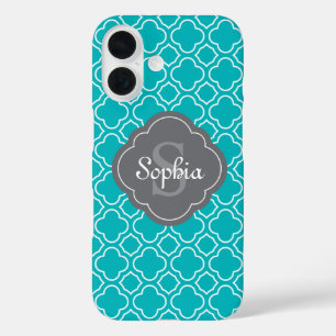 Blauwgroen blauw Quatrefoil Pattern Gray Monogram iPhone 16 Hoesje