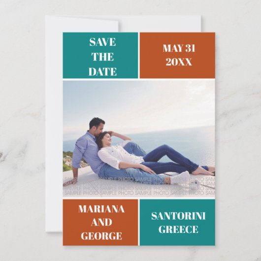 Blauwgroen blauw, roestkleurblok bruiloft Opslaan Save The Date (Voorkant)