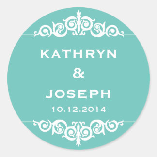 Blauwgroen blauw romantisch elegant scroll bruilof ronde sticker