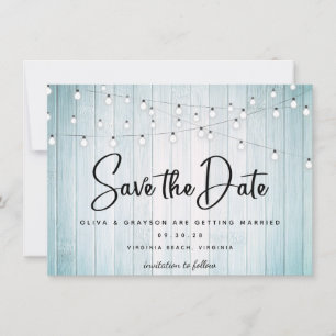 Blauwgroen Blauw Rustiek Hout String Lights Foto Save The Date