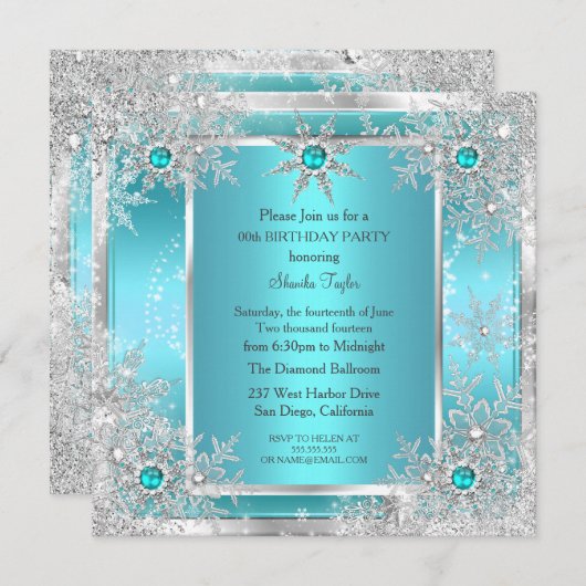 Blauwgroen blauw Snowflake Silver Winter Wonderlan Kaart (Voorkant / Achterkant)