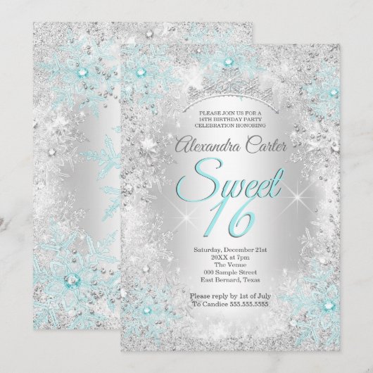 Blauwgroen blauw Snowflake Sweet 16 Birthday Party Kaart (Voorkant / Achterkant)